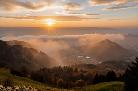 Foggy sunrise in the Carpathian mountains, Ukraine.の素材