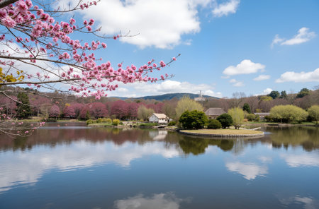cherry blossom in japanese garden with lake and blue skyの素材