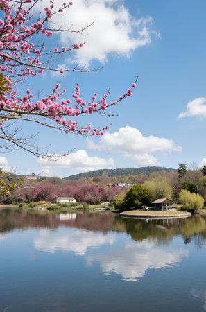 cherry blossom and lake in spring, south korea.の素材