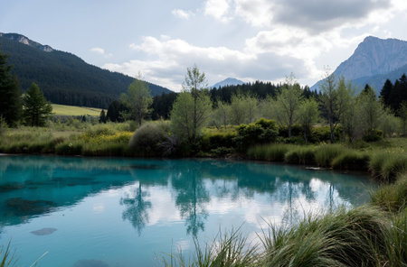 Landscape with turquoise colored lake in the Alps in Italyの素材