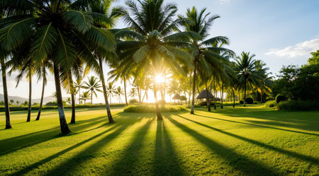 Silhouette coconut palm tree on green grass field with sunlight backgroundの素材