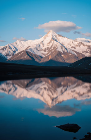 Reflection of Mount Cook in the lake at sunset, New Zealandの素材