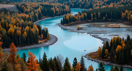 Panoramic view of turquoise lake in the autumn forestの素材