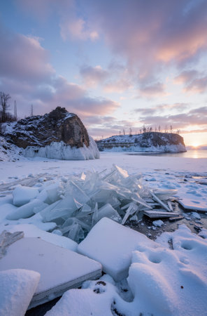 Ice hummocks at Lake Baikal in winter, Siberia, Russiaの素材
