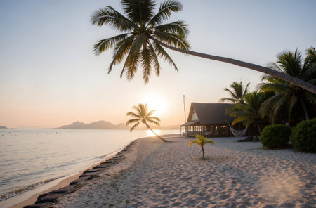 Beautiful sunset on the beach with palm trees and bungalowsの素材