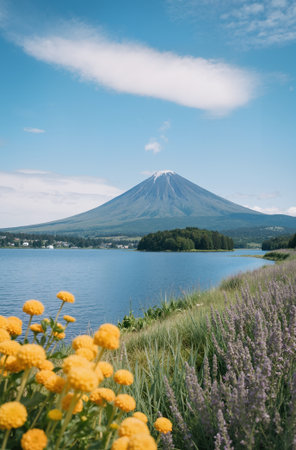 Mt Fuji and Lavender flowers in Kawaguchiko lake, Japanの素材