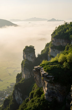 Misty morning in the mountains of Saxon Switzerland, Germany.の素材