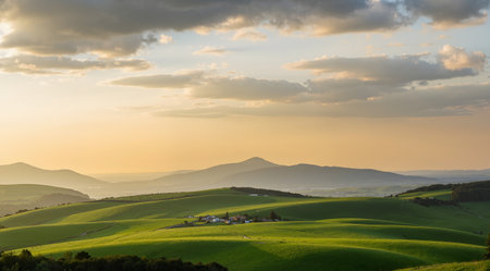 Sunset in Tuscany, Italy. Rural landscape with green fields and hillsの素材