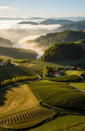 Aerial view of morning fog in the valley. Carpathian, Ukraineの素材