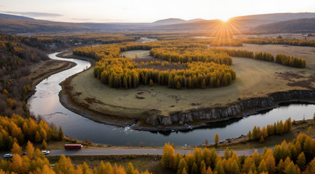 Aerial view of the autumn forest and river at sunset. Russia.の素材
