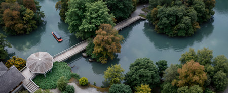 Aerial view of a bridge over the river in a park.の素材