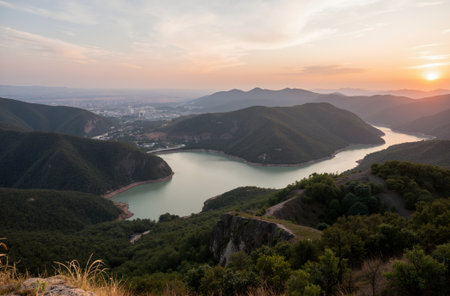 Landscape view of the lake in the mountains at sunset, Ukraineの素材