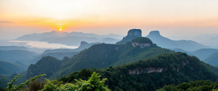 Mountain landscape at sunset, Zhangjiajie City, Hunan Province, Chinaの素材