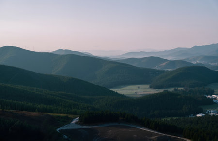Aerial view of the mountains in the evening. Carpathians, Ukraineの素材