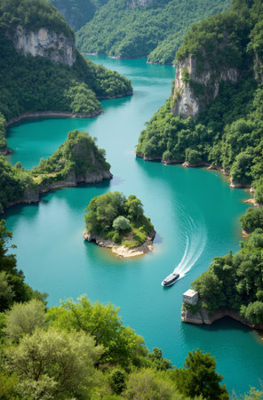 Boat on the lake in the mountains. View from above.の素材