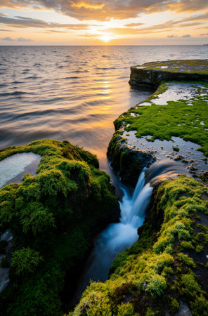 Waterfall on the coast of the Black Sea at sunset in summerの素材