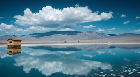 Reflection of a house on the lake in the Altiplano, Boliviaの素材
