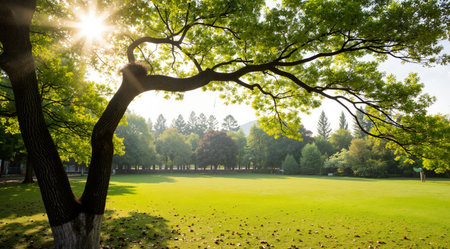 Beautiful summer landscape in the park with sunbeam and green grassの素材