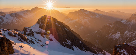 Sunrise in the mountains. Panoramic view of the Alps.の素材