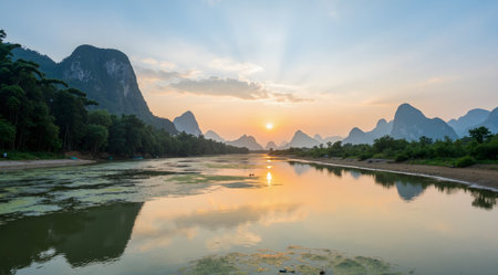 Karst mountains and river at sunset in Guilin, Chinaの素材