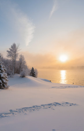 Beautiful winter landscape with snow covered trees and lake at sunset.の素材
