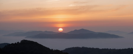 Mountain landscape with fog in the morning. Carpathians, Ukraineの素材
