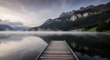 Foggy morning on the lake, Dolomites, Italyの素材