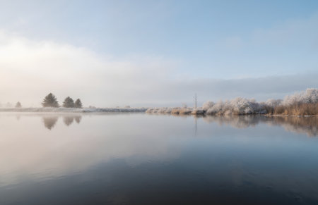 Foggy winter morning on the river. Beautiful winter landscape.の素材