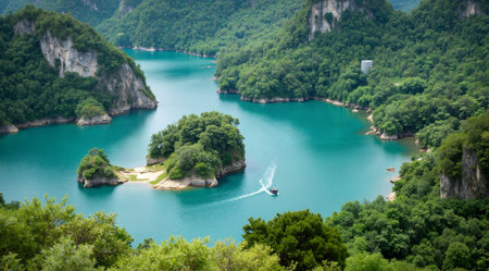 landscape view of karst mountains and lake in chengdu,chinaの素材