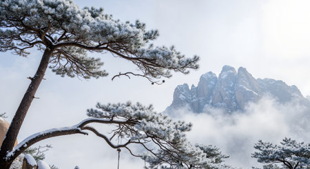Pine tree with snow and fog on the top of the mountainの素材