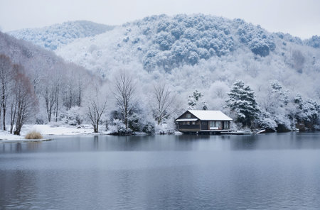 Beautiful winter landscape with snow covered trees and lake in South Koreaの素材