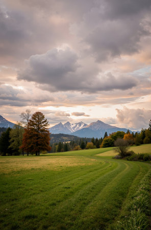 Autumn landscape in Bavaria, Germany. Colorful trees, meadow and mountains in the background.の素材