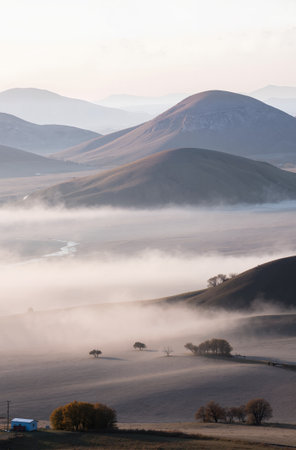 Foggy morning in the mountains. Carpathians, Ukraineの素材