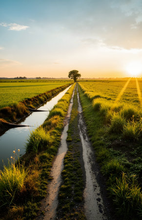 Sunset over rice fields in the countryside of Thailand. Landscape.の素材