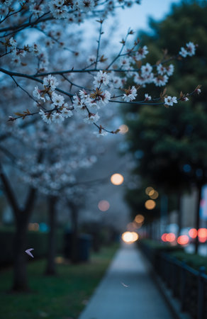 Cherry blossoms in full bloom in the city at night.の素材