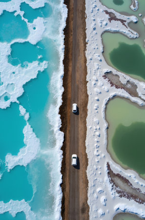 Aerial view of frozen lake in winter with cars on the roadの素材