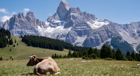 Cows in the Dolomites, Italy. The Dolomites are the highest mountain range in Europe.の素材