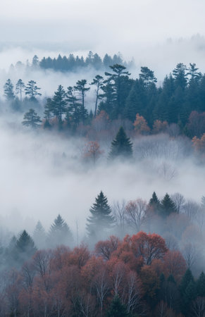 Foggy morning in the autumn forest. Beautiful landscape with foggy forest.の素材
