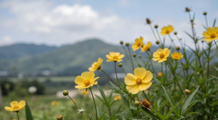 Yellow cosmos flowers blooming in the garden with mountain and sky backgroundの素材