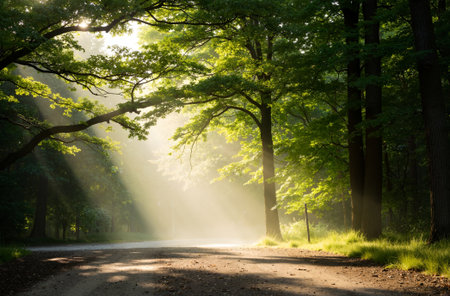 Morning in the forest. Sun rays through the branches of trees.の素材