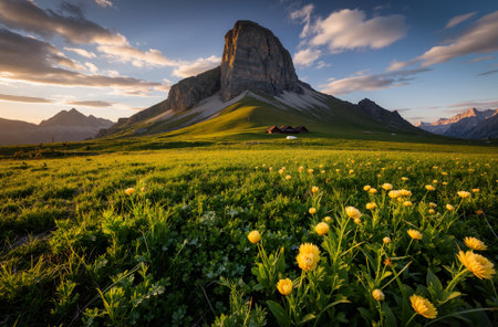 Beautiful alpine meadow at sunset. Dolomites, Italyの素材
