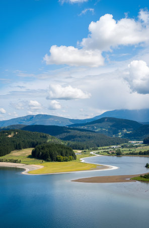 Landscape with lake and mountains in Carpathians, Ukraine.の素材