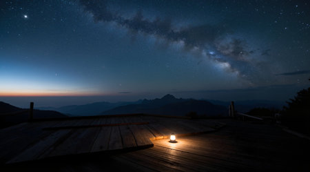 Milky way over a wooden terrace in the mountains at nightの素材