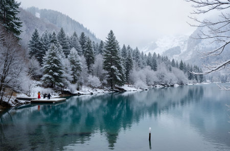 Landscape view of alpine lake in winter with snow covered trees.の素材