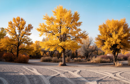 Autumn trees and dirt road in the desert, California, USAの素材