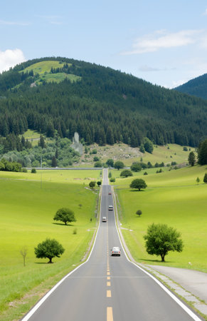 Highway in the mountains with green grass and trees in the foregroundの素材