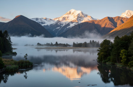 Natural landscape of New Zealand alps and lake with reflection in waterの素材
