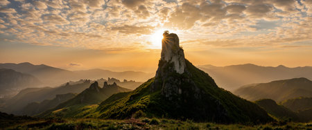Sunset at the top of the mountain in the rays of the rising sunの素材