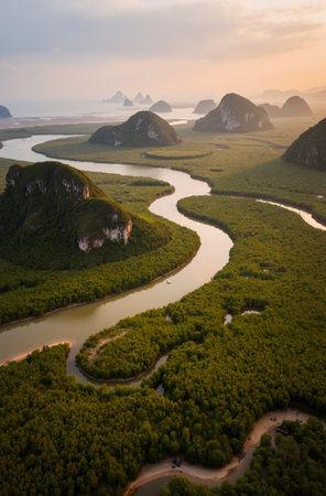 Aerial view of mangrove forest at sunset, Krabi, Thailandの素材
