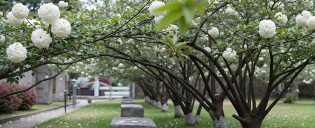 Blossoming tree in the park. White flowers blooming in spring.の素材